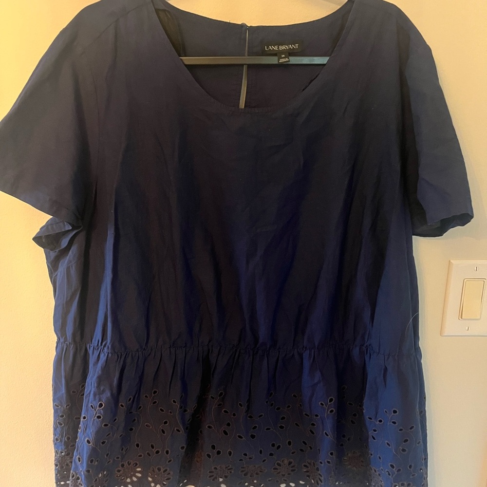 Lane Bryant Navy Blue Eyelet Blouse Peplum